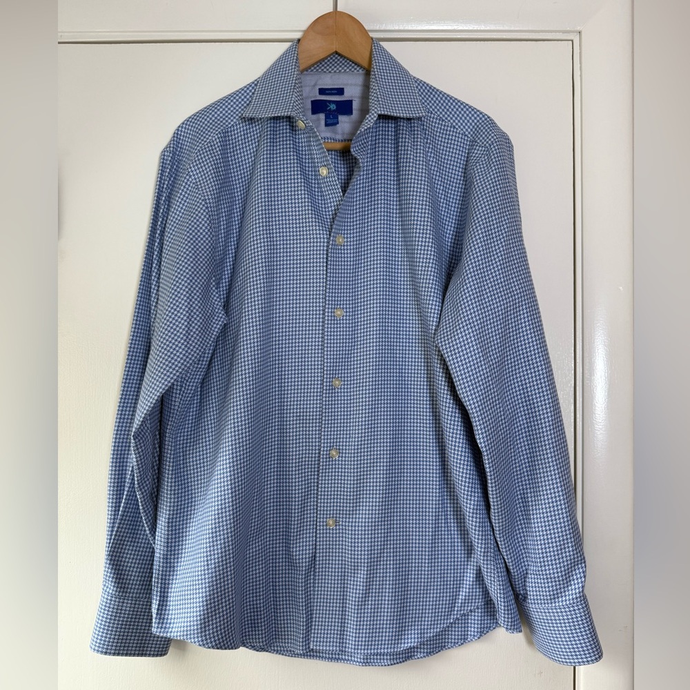Egara Men’s 100% Cotton Non-Iron Houndstooth Print Button Down Shirt Blue Large